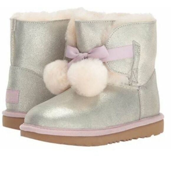 UGG Other - UGG Gita Pom Pom Girl's Metallic Gold Pink Leather Shearling Boots Size 6 Youth